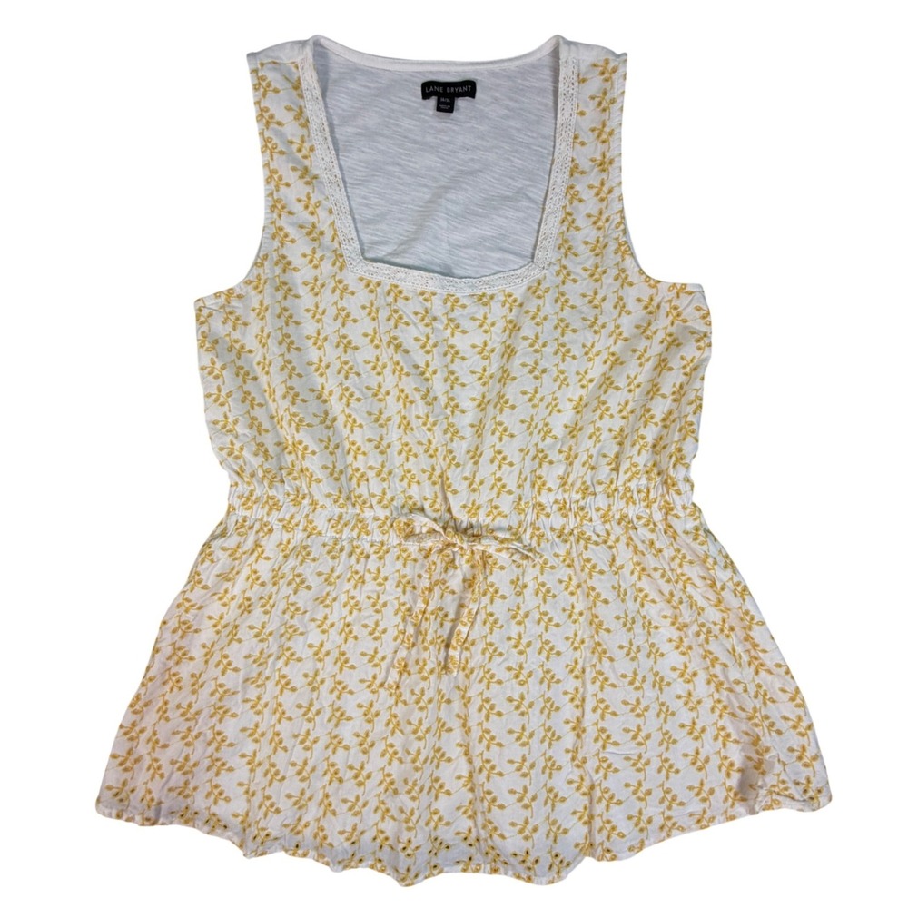 Womens Tank White Yellow Floral Embroidery Square Neck Cinched Waist 14/16